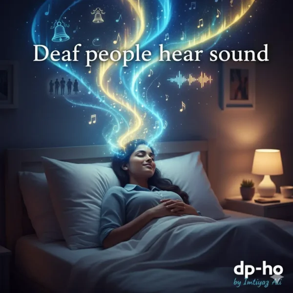 A conceptual illustration showing how Deaf people hear sound in their dreams through neural pathways and auditory memories, featuring the dp-ho by Imtiyaz Ali logo.