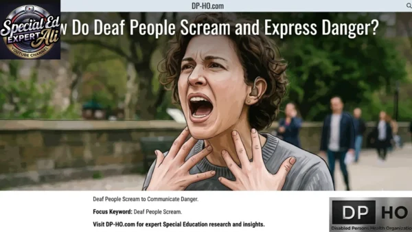 An illustrative infographic banner titled "How Do Deaf People Scream and Express Danger?", referenced as "Deaf People Scream and Express Danger.webp". The central illustration features a woman with short curly hair and a behind-the-ear hearing aid, showing an intense, wide-mouthed expression as she screams to communicate danger while raising her hands toward her neck in an outdoor park setting. Out-of-focus pedestrians walk along a pathway in the background. The text below outlines "Deaf People Scream to Communicate Danger" with the focus keyword identified as "Deaf People Scream" and a call to action to visit "DP-HO.com for expert Special Education research and insights." The graphic is branded with the Special Ed Expert Ali YouTube channel logo in the top-left corner, the website text "DP-HO.com" at the top center, and the metallic Disabled Persons Health Organization (DPHO) plate logo in the bottom-right corner.