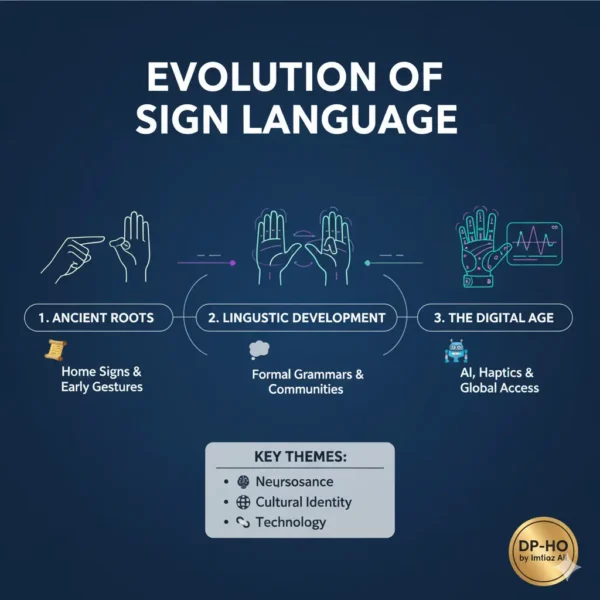 An educational infographic by DP-HO by Imtiaz Ali showing the Evolution of Sign Language through three stages: Ancient Roots (Home Signs), Linguistic Development (Formal Grammar), and The Digital Age (AI and Haptics).