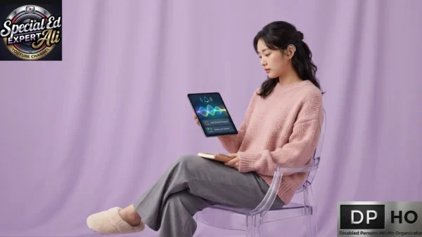 An editorial studio photograph illustrating how assistive technology can help monitor when deaf people scream for help or experience an emergency. The image shows a young woman with a behind-the-ear hearing aid sitting on a clear acrylic chair against a pastel purple curtain backdrop. She wears a pink knit sweater, grey trousers, and fuzzy slippers, and she is looking down at a tablet she is holding. The tablet screen displays an active, multi-colored sound wave graphic with a green notification bell icon at the top, signifying a visual sound alert system. The image features the Special Ed Expert Ali logo in the top-left corner and the metallic Disabled Persons Health Organization (DPHO) plate logo in the bottom-right corner.