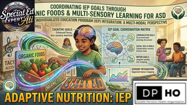 An educational infographic detailing how organic foods help coordinate IEP goals for students with Autism Spectrum Disorder (ASD). The central graphic features a young girl sorting fresh fruits and vegetables from a crate labeled "Organic Foods" to achieve cognitive goals like enhanced focus. An "IEP Goal Coordination Matrix" panel maps out communication, social, motor, and sensory integration goals through tactile kitchen and meal planning tasks, while a student in a wheelchair works with a peer in the background classroom setting.