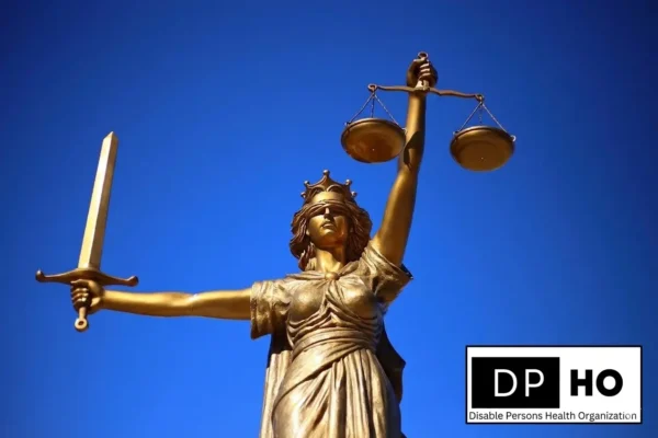 Disable Persons Health Organization logo and a statue of Justice representing the legal framework of Special Education in Iceland.