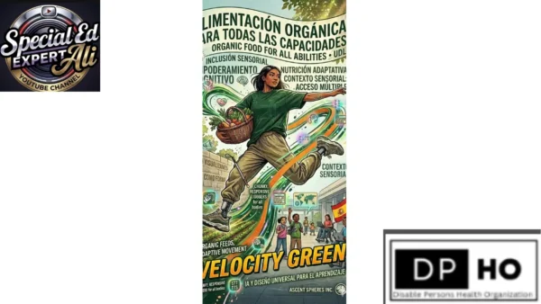 An empowering, colorful infographic poster promoting the role of organic foods in inclusive education and adaptive development. The central figure is a young woman with a prosthetic leg and a white cane leaping dynamically while holding a harvest basket full of fresh organic foods. Text overlays in Spanish and English mention "Organic Food for All Abilities," "Inclusión Sensorial" (Sensory Inclusion), and "Nutrición Adaptativa" (Adaptive Nutrition). In the lower background, a diverse group of children—including a student in a wheelchair—gather outside a school displaying the Spanish flag, representing cognitive empowerment and Universal Design for Learning (UDL).