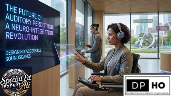 A futuristic, high-tech indoor environment where two individuals are interacting with advanced assistive technology. On the left, a large digital screen displays the title: "THE FUTURE OF AUDITORY PERCEPTION: A NEURO-INTEGRATION REVOLUTION" and the subtitle "DESIGNING ACCESSIBLE SOUNDSCAPES." In the foreground, a woman wearing modern headphones sits in a specialized chair, using a joystick and a transparent holographic interface to manipulate colorful sound waves labeled "ENVIRONMENTAL SOUND MAP." In the background, a man interacts with a vertical touchscreen panel. Augmented reality (AR) labels float in the air outside a glass window, identifying environmental sounds like a "DOOR CHIME (SOFT)" and a "VOICE CHAT DETECTED." The image includes two logos in the bottom corners: a gold and black seal for "Special Ed Expert Ali" on the left, and a logo for "DP-HO (Disable Persons Health Organization)" on the right.