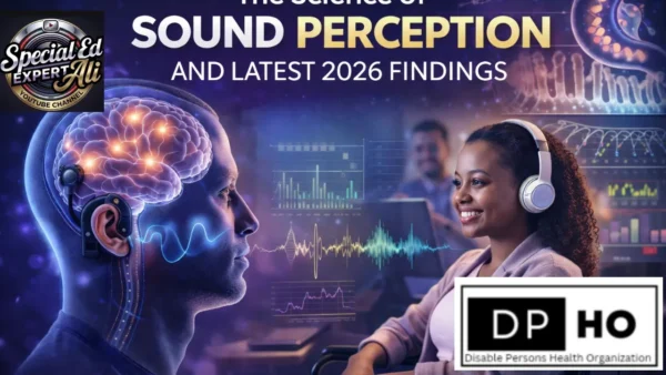 A professional infographic titled 'The Science of Sound Perception and Latest 2026 Findings' featuring a high-tech visualization of the human brain's auditory cortex lighting up to process sound. The image depicts how deaf people hear through neural pathways and AI-driven assistive technology, branded by Special Ed Expert Ali and the Disable Persons Health Organization (DP-HO).