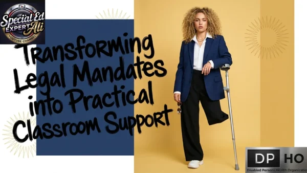 An editorial fashion-style infographic banner titled "Transforming Legal Mandates into Practical Classroom Support," referenced as "Transforming Legal Mandates into Practical Classroom Support.webp". The right side features a confident young woman with voluminous blonde curly hair standing in a relaxed yet powerful pose against a warm yellow studio background. She is wearing a white collared shirt, a structured navy blue blazer, and black wide-leg trousers, leaning lightly on a single forearm crutch. The left side features a bold, dark blue rectangular block showcasing the main title text in a stylized black font, accented by minimalist line-art sunburst designs. The banner is professionally branded with the Special Ed Expert Ali YouTube channel logo in the top-left corner and the metallic Disabled Persons Health Organization (DPHO) plate logo in the bottom-right corner.