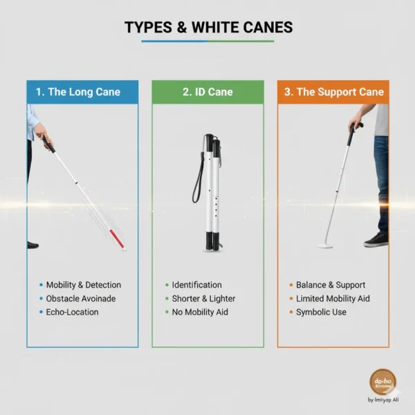 An educational infographic by DP-HO by Imtiaz Ali explaining the different Types of White Canes, including the Long Cane for detection, the ID Cane for identification, and the Support Cane for balance.