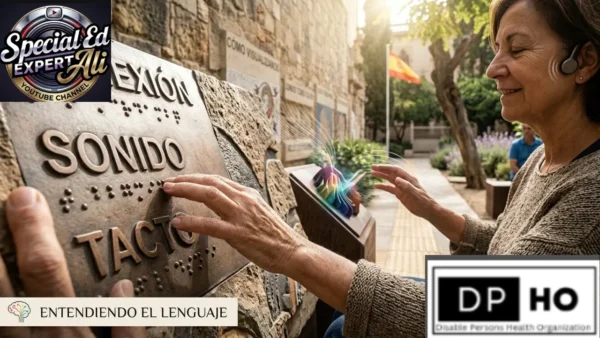 An outdoor sensory installation illustrating how blind individuals process and understand language through non-visual senses. In the foreground, a person's hands trace a tactile metal plaque with raised Braille and the Spanish words "SONIDO" (Sound) and "TACTO" (Touch). In the background, a smiling visually impaired woman uses a bone-conduction earpiece while interacting with a multi-colored, 3D tactile wave sculpture that emits sound and light waves, demonstrating cross-modal neuroplasticity. A caption at the bottom left reads "ENTENDIENDO EL LENGUAJE" (Understanding Language).