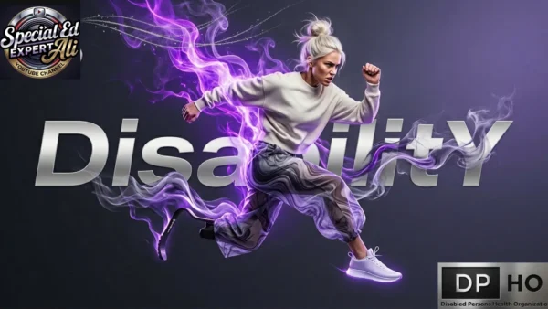 A dynamic and powerful conceptual fashion graphic featuring a confident woman with blonde hair tied in a bun, captured mid-stride as she runs forward against a dark gray background. She is wearing a cream-colored sweatshirt, patterned loose trousers, a prosthetic running blade on her right leg, and a white sneaker with a glowing purple sole on her left foot. A large, metallic silver 3D text reading "Disability" spans across the center, with vibrant purple and dark gray smoky energy trails swirling dynamically around her body and the lettering. The graphic features the Special Ed Expert Ali YouTube channel logo in the top-left corner and the metallic Disabled Persons Health Organization (DPHO) plate logo in the bottom-right corner.