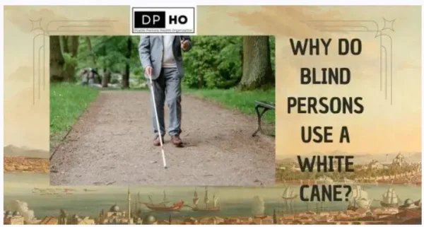A visually impaired person navigating a park path using a white cane, illustrating the importance of orientation and mobility training as part of the DP-HO special education guide.