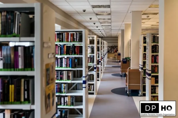 Inclusive school library in Iceland with extensive bookshelves and study areas, representing resources for Special Education in Iceland, with DPHO logo in the corner.