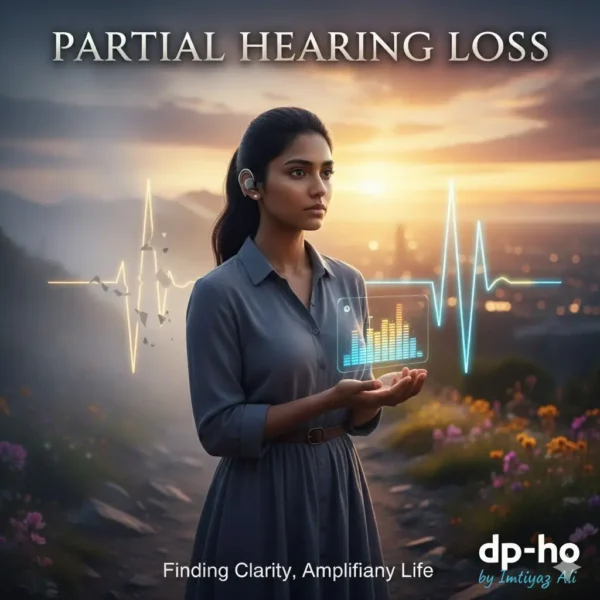 A visual representation of Partial Hearing Loss featuring a woman with a hearing aid looking at a digital sound frequency display, including the dp-ho by Imtiaz Ali logo.