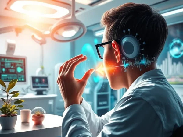 A futuristic laboratory setting illustrating how modern science cure all ear conditions through advanced neurological and auditory restoration technology.