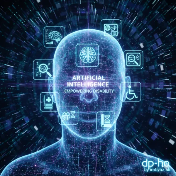 A futuristic digital representation of Artificial Intelligence empowering disability, featuring a glowing neural network head with icons for accessibility, healthcare, and education, branded with the dp-ho by Imtiyaz Ali logo.