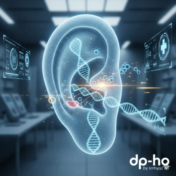 Ali, aapki image SEO ke liye ye raha optimized Alt Text. Ismein humne focus keyword aur aapki authority (dp-ho by Imtiyaz Ali) dono ko shamil kiya hai taake Google images mein ye top par rank kare.Alt Text:"A futuristic medical illustration showing the internal structure of a human ear with DNA strands and digital health data, titled 'Can Modern Science Cure All Ear Conditions' featuring the dp-ho logo by Imtiyaz Ali.