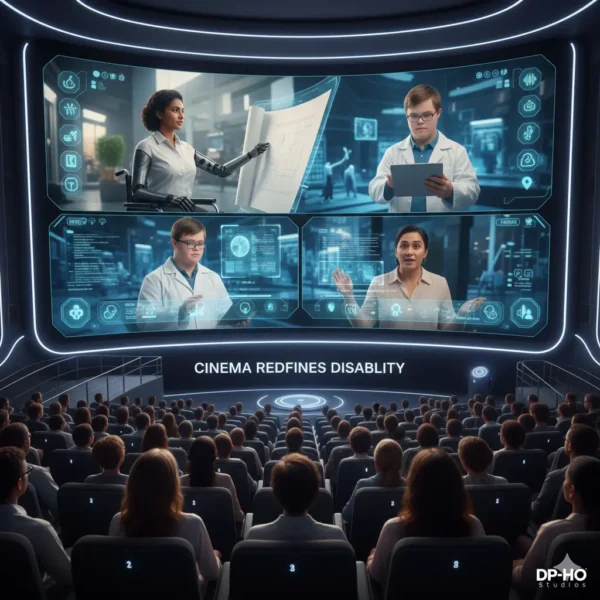 A modern cinema theater showing a futuristic film screen with the text 'Cinema Redefines Disability'. The screen features diverse individuals with disabilities in empowering professional roles, including a scientist with Down syndrome and an architect using a wheelchair, representing authentic disability awareness in media by dp-ho.