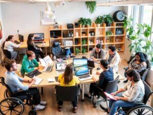 a group of people around a table with computers