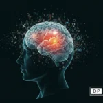 A profile silhouette of a human head with a detailed, glowing brain surrounded by floating letters and symbols, representing the cognitive complexities of dyslexia in disabilities. The Disable Persons Health Organization (DP-HO) logo is integrated into the bottom right corner.