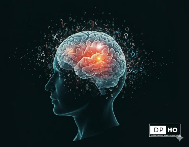 A profile silhouette of a human head with a detailed, glowing brain surrounded by floating letters and symbols, representing the cognitive complexities of dyslexia in disabilities. The Disable Persons Health Organization (DP-HO) logo is integrated into the bottom right corner.
