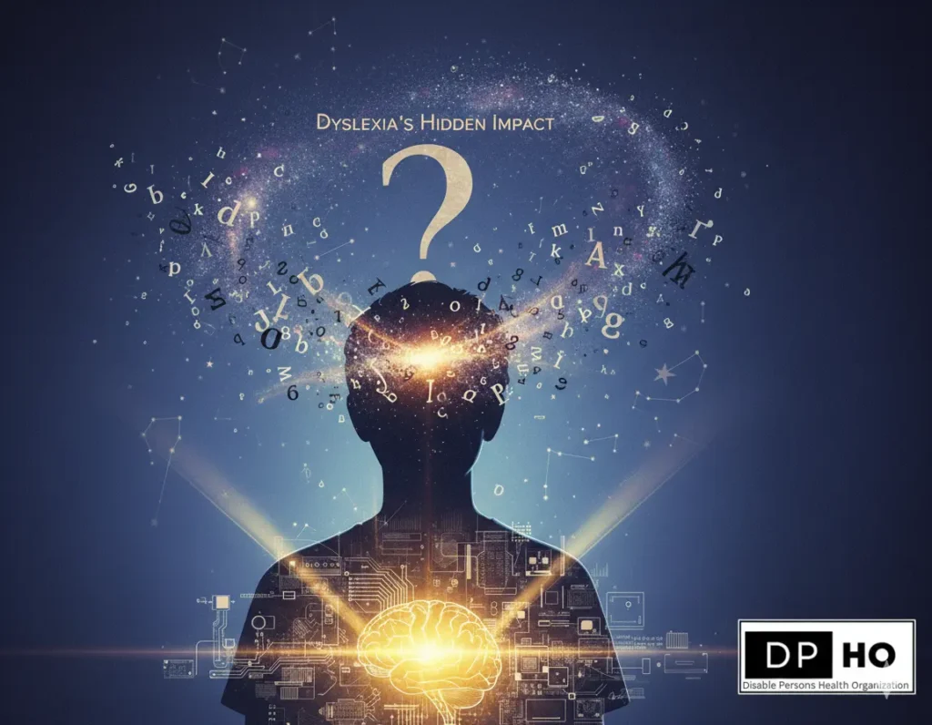 A conceptual digital artwork titled 'Dyslexia's Hidden Impact,' featuring the silhouette of a child with a glowing brain and a large question mark above their head. Swirling letters and constellations emerge from the mind, representing the complex cognitive processing and hidden potential of dyslexia in disabilities. The DP-HO logo is in the bottom right corner.