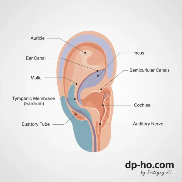 Detailed medical diagram of the human Ear Anatomy with labels including the Cochlea, Eardrum, and Auditory Nerve, branded by dp-ho.com by Imtiyaz Ali.