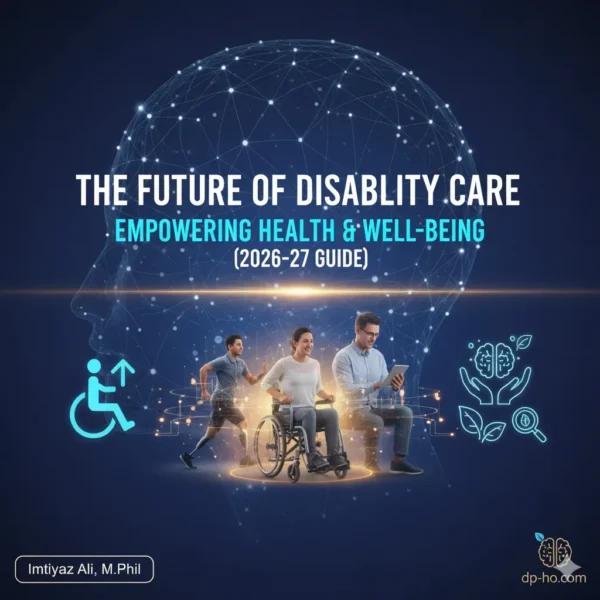 Future of Disability Care 2026-27 guide banner by Imtiyaz Ali M.Phil, showing inclusive health empowerment with digital brain abstract and people with diverse abilities, representing dp-ho.com.