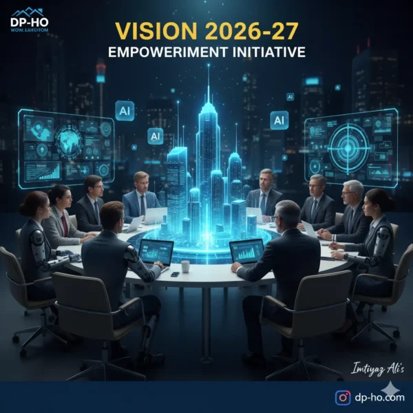 Vision 2026-27 Empowerment Initiative banner by Imtiyaz Ali, featuring a futuristic AI-driven boardroom with a holographic smart city, representing inclusive progress on dp-ho.com.