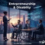 A diverse team of professionals in a high-tech office showcasing Entrepreneurship & Disability with inclusive workspace design, featuring the dp-ho by Imtiaz Ali logo.