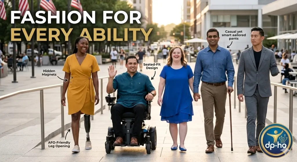 A group of diverse individuals showcasing Fashion for Every Ability in the USA, featuring adaptive clothing with magnetic closures, seated-fit designs, and prosthetic-friendly outfits, with the dp-ho logo in the bottom right corner.