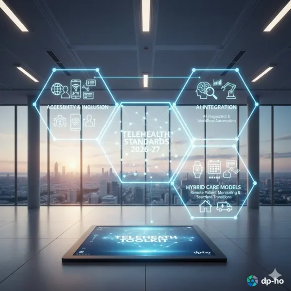 Foundational Concepts for Telehealth Standards 2026-27 infographic by dp-ho. The graphic illustrates a digital healthcare ecosystem featuring core modules: Accessibility & Inclusion, AI Integration (Diagnostics & Workflow Automation), and Hybrid Care Models (Remote Patient Monitoring & Seamless Transitions). A high-tech interface displays the Telehealth Toolkit on a tablet in a modern office setting with the dp-ho logo in the bottom right corner.