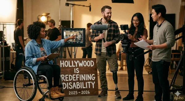 A diverse film crew on a Hollywood set featuring a female director in a wheelchair and a camera operator with a prosthetic leg. A wooden sign in the center reads "Hollywood is Redefining Disability 2025–2026" with the dp-ho logo in the bottom right corner.