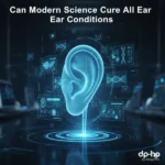 A high-tech digital ear medical display on a futuristic background with the text Modern Science Cure All Ear and the dp-ho by Imtiyaz Ali logo.