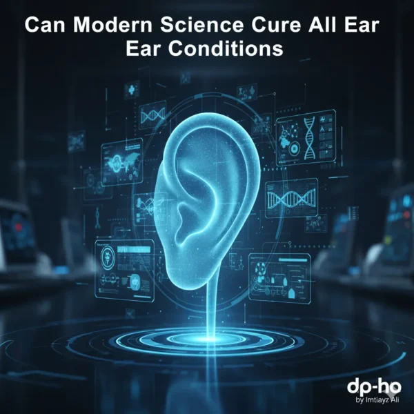 A high-tech digital ear medical display on a futuristic background with the text Modern Science Cure All Ear and the dp-ho by Imtiyaz Ali logo.