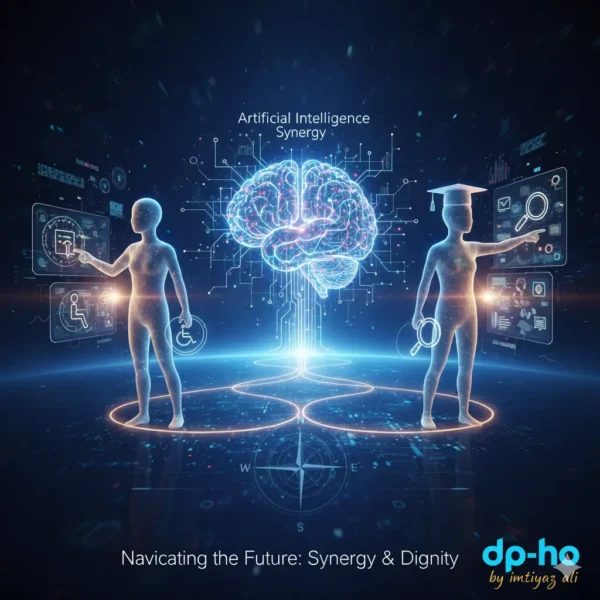 A futuristic visualization of Artificial Intelligence synergy and dignity in special education, showing two digital human figures interacting with a glowing neural brain and accessibility icons, featuring the dp-ho by Imtiyaz Ali logo at the bottom right.