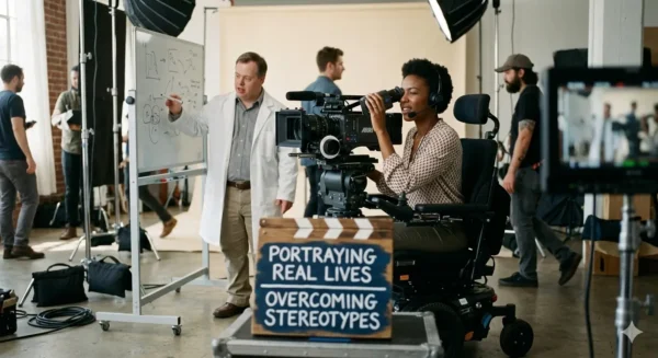 A realistic film production set where a woman in a power wheelchair operates a professional cinema camera. In the background, an actor with Down syndrome dressed in a white lab coat points to a whiteboard. A clapperboard in the foreground reads "Portraying Real Lives, Overcoming Stereotypes" with the dp-ho logo in the bottom right corner.