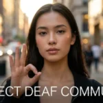 A young woman stands confidently on a blurred city street while making a sign language hand gesture to promote the focus keyword respect deaf community. Large white text overlaid at the bottom explicitly reads "RESPECT DEAF COMMUNITY". The image features the "Special Ed Expert Ali" YouTube channel logo in the top-left corner and the "DP HO - Disabled Persons Health Organization" logo in the bottom-right corner.