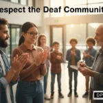 Is image ke liye behtareen Alt Text ye raha: "A group of people of different ages and backgrounds interacting with a smile. Some are using sign language (clapping in ASL style) while an elderly man writes on a notepad. The image features the text 'Respect the Deaf Community' at the top and the DP HO logo in the bottom right corner.