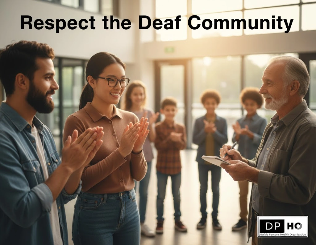 Is image ke liye behtareen Alt Text ye raha: "A group of people of different ages and backgrounds interacting with a smile. Some are using sign language (clapping in ASL style) while an elderly man writes on a notepad. The image features the text 'Respect the Deaf Community' at the top and the DP HO logo in the bottom right corner.
