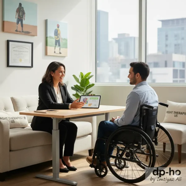 A disability-competent therapy session in a modern US office, featuring a therapist and a client in a wheelchair, illustrating how to find the Right Therapist in the US. Logo in corner: dp-ho by Imtiyaz Ali.