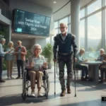A modern 2026 inclusive living space titled 'Senior Years with Dignity and Design,' featuring an elderly man in a sleek exoskeleton suit, a woman in a wheelchair using a transparent tablet, and the DP-HO logo in the bottom right corner.