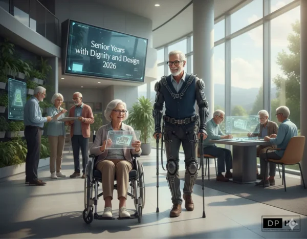 A modern 2026 inclusive living space titled 'Senior Years with Dignity and Design,' featuring an elderly man in a sleek exoskeleton suit, a woman in a wheelchair using a transparent tablet, and the DP-HO logo in the bottom right corner.