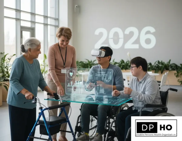 A futuristic 2026 healthcare setting showing an elderly woman with a walker and young men in wheelchairs using assistive VR technology and digital health interfaces, featuring the DP-HO logo.