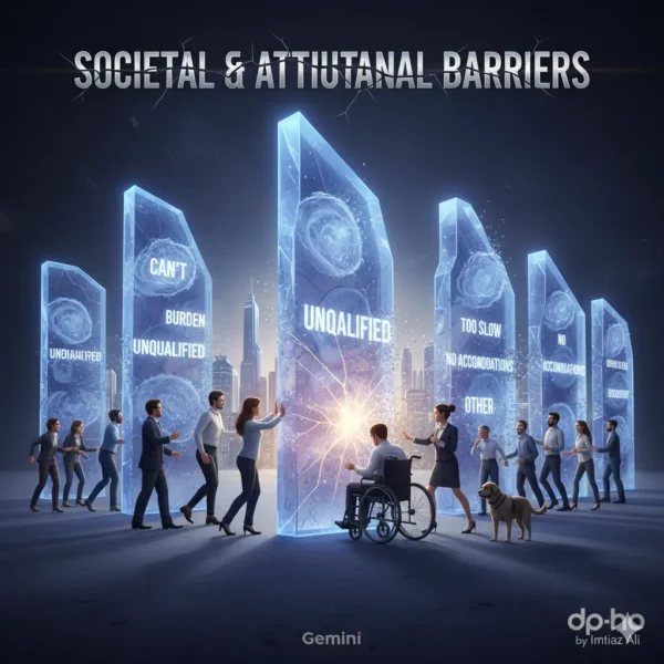 A symbolic representation of Societal and Attitudinal Barriers showing a disabled professional breaking through glass walls of prejudice, featuring the dp-ho by Imtiaz Ali logo.