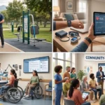 Comprehensive infographic for 2026 disability health support featuring adaptive exercise, AI remote monitoring, universal medical design, and community-led healthcare models with dp-ho logo.