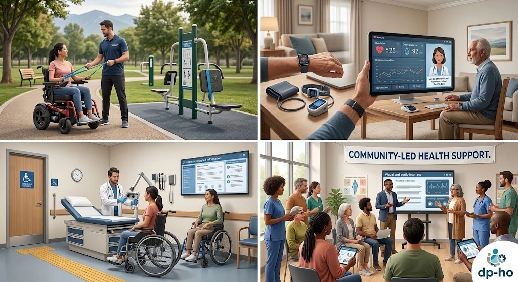 Comprehensive infographic for 2026 disability health support featuring adaptive exercise, AI remote monitoring, universal medical design, and community-led healthcare models with dp-ho logo.