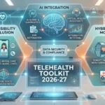 Comprehensive Telehealth Toolkit 2026-27 infographic featuring core modules: AI Integration (Scribes & Diagnostics), Accessibility & Inclusion (Multilingual & Diverse Needs), and Hybrid Care Models (Remote Patient Monitoring & Seamless Scheduling). The graphic uses a modern blue and white tech interface style with the dp-ho logo in the bottom right corner.