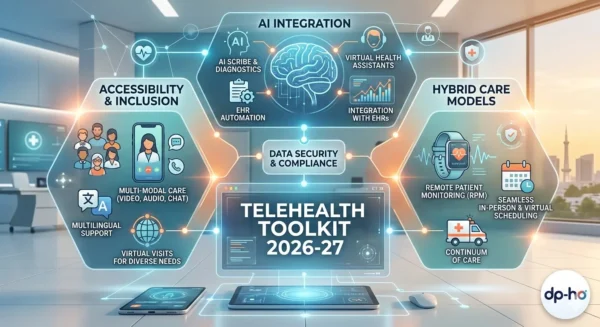 Comprehensive Telehealth Toolkit 2026-27 infographic featuring core modules: AI Integration (Scribes & Diagnostics), Accessibility & Inclusion (Multilingual & Diverse Needs), and Hybrid Care Models (Remote Patient Monitoring & Seamless Scheduling). The graphic uses a modern blue and white tech interface style with the dp-ho logo in the bottom right corner.