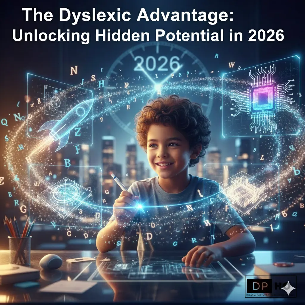 An inspiring digital illustration of a young boy with dyslexia working at a futuristic desk, surrounded by glowing holographic letters, a rocket ship, and neural circuits, symbolizing 'The Dyslexic Advantage' and unlocking hidden potential in 2026. The DP-HO logo is visible in the bottom right corner.