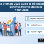An informative infographic titled 'The Ultimate 2026 Guide to US Disability Benefits: How to Maximize Your Claim.' The image features a diverse group of people, including a person in a wheelchair, standing in front of a rising growth chart with dollar signs. On the right, three icons represent Eligibility & Application, Medical Evidence, and Appeals & Rights. The DP-HO logo is in the bottom right corner.