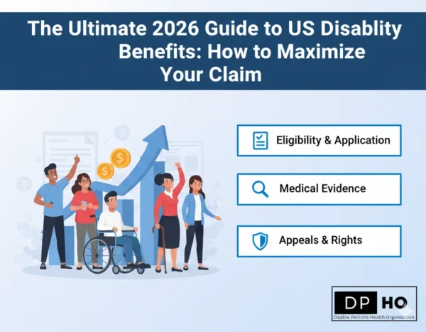 An informative infographic titled 'The Ultimate 2026 Guide to US Disability Benefits: How to Maximize Your Claim.' The image features a diverse group of people, including a person in a wheelchair, standing in front of a rising growth chart with dollar signs. On the right, three icons represent Eligibility & Application, Medical Evidence, and Appeals & Rights. The DP-HO logo is in the bottom right corner.